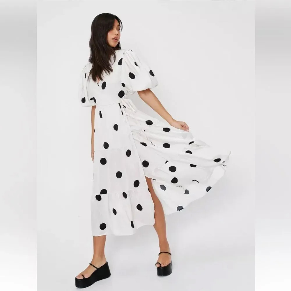 NWT Nasty Gal Women’s Polka Dot Wrap Midi Dress size 8